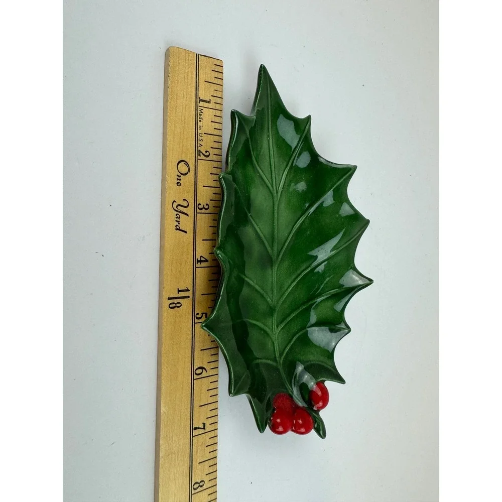 Vintage Holland Mold Ceramic Holly Leaf Dish Green Red Berries Christmas Decor